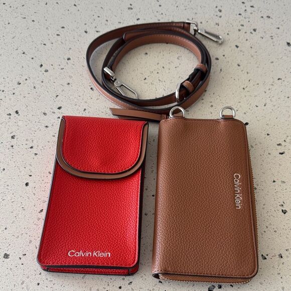 Calvin Klein Brown and Orange/Red Set Wallet and Phone Holder Crossbody Bags - Picture 1 of 14